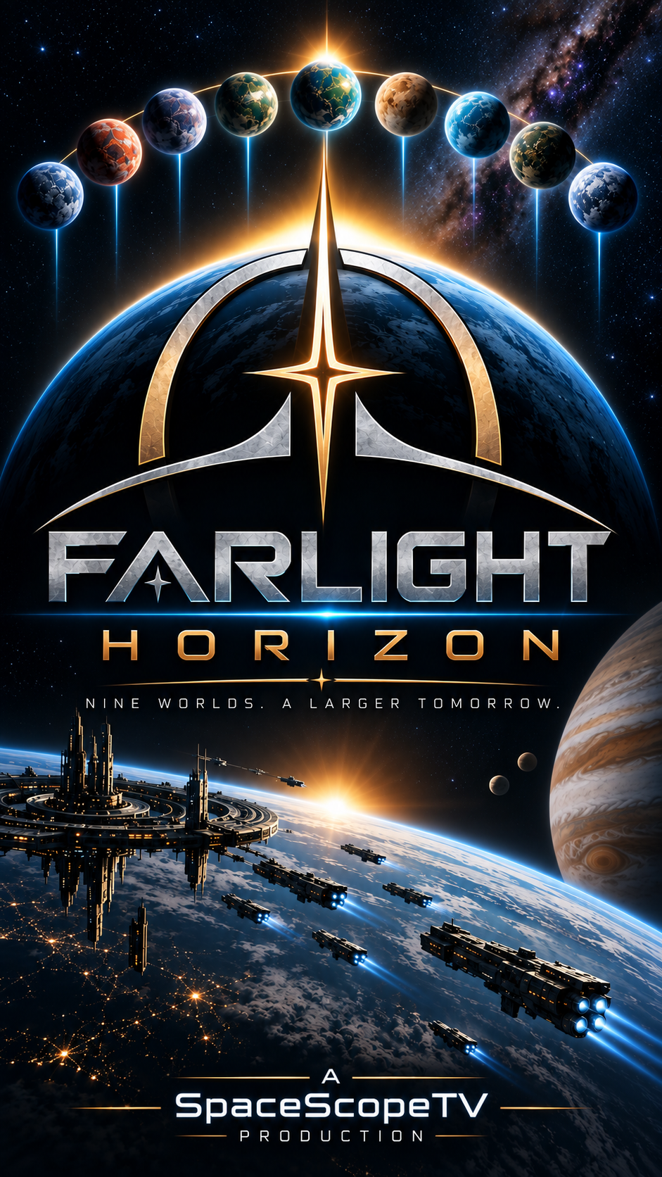 Nine worlds of Farlight Horizon above a thriving spacefaring civilization